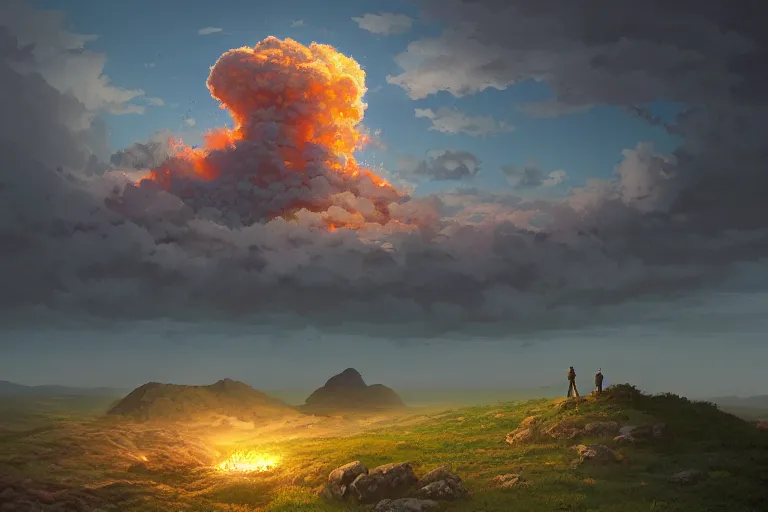 Image similar to a highly detailed matte painting of a man standing on hill watching nuclear explosion by studio ghibli, makoto shinkai, by artgerm, by wlop, by greg rutkowski, volumetric lighting, octane render, 4 k resolution, trending on artstation, masterpiece