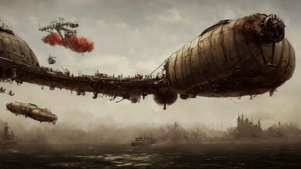 Prompt: metal airships flying in the sky, papyrus, watercolored, jakub rozalski, dark colours, dieselpunk, artstation