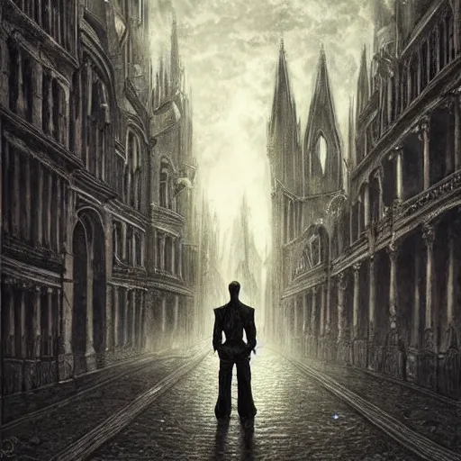 Prompt: a figure stands in a busy street of an gothic city, high resolution, highly detailed, dark fantasy, night, by anne stokes