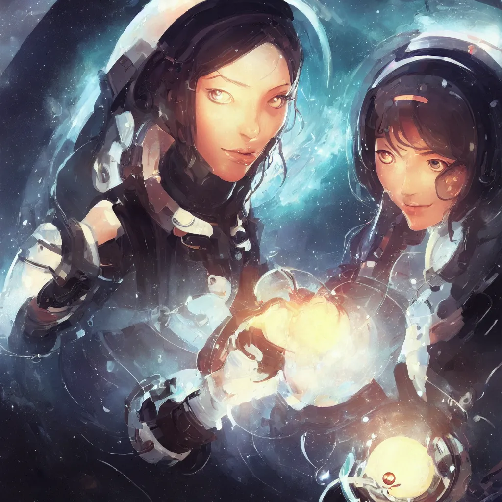 Image similar to a beautiful female scientist holding a small black hole in her hands, anime art, symmetrical facial features, symmetrical proportions, illustration, style by jordan grimmer and greg rutkowski