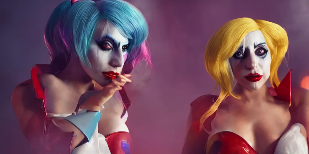 Image similar to lady gaga in harley quinn, volumetric lighting, beautiful, golden hour, sharp focus, ultra detailed, cgsociety