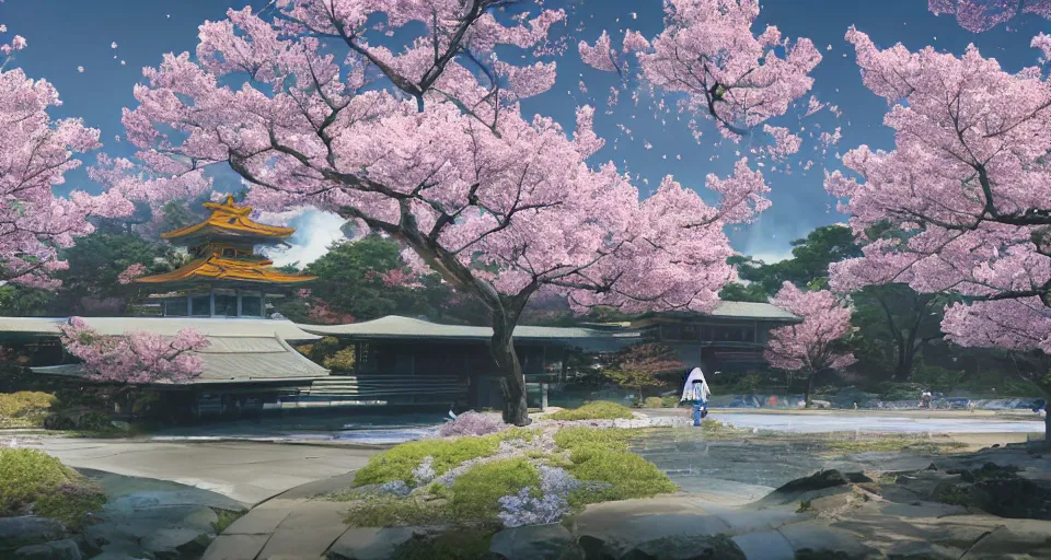Image similar to Futuristic Japanese landscape with lots of BLUE Sakura blossoms and a temple, center composition, cinematic, rendered by simon stålenhag, rendered by Beeple, Makoto Shinkai, syd meade, environment concept, digital art, starwars, unreal engine, 3 point perspective, WLOP, trending on artstation, low level, 4K UHD image, octane render,