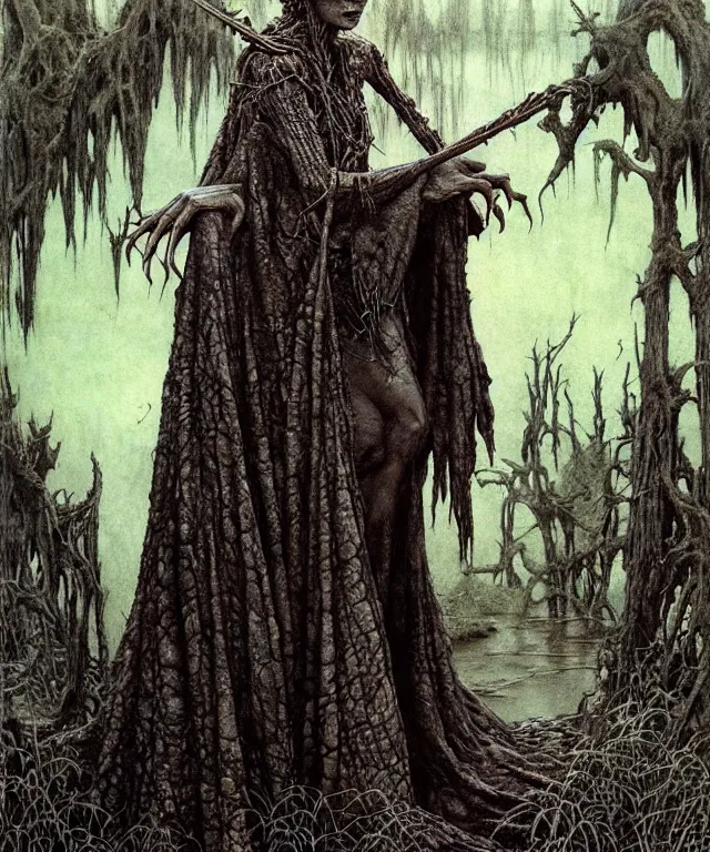 Prompt: A detailed horned crocodilewoman stands near the swamp. Wearing a ripped mantle, robe. Perfect faces, extremely high details, realistic, fantasy art, solo, masterpiece, art by Zdzisław Beksiński, Arthur Rackham, Dariusz Zawadzki