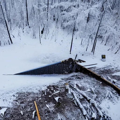 Image similar to big satellite debris scattered in snow open plane in a forest in Canada, below zero, two reporters take photos, in the style of Simon Stalenhag