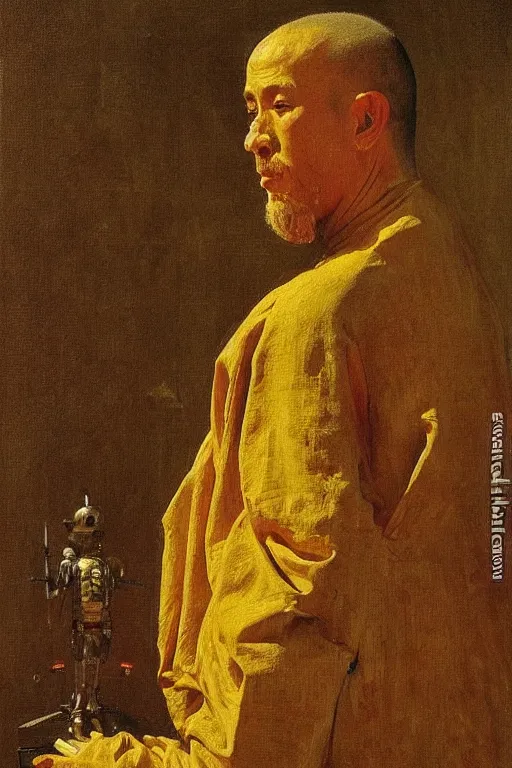 Prompt: robot monk painting a self - portrait on a canvas. intricate, highly detailed, photorealistic, film still, by ilya repin.