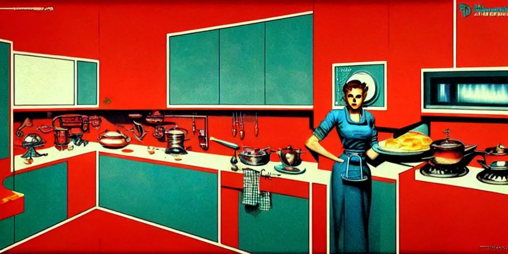 Image similar to soviet retro - futuristic kitchen by drew struzan