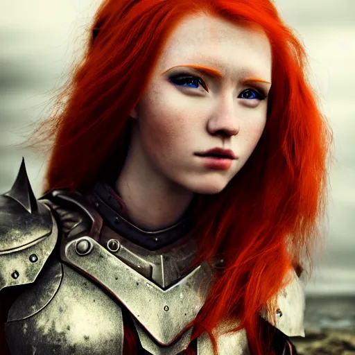 Image similar to north female warrior, red hair, ginger hair, fantasy, high detailed, photography, cloudy, lightweight armor, Scandinavia, plain, Authentic, detailed face, cute face, professional model, professional photographer, masterpiece, 8k, 3D