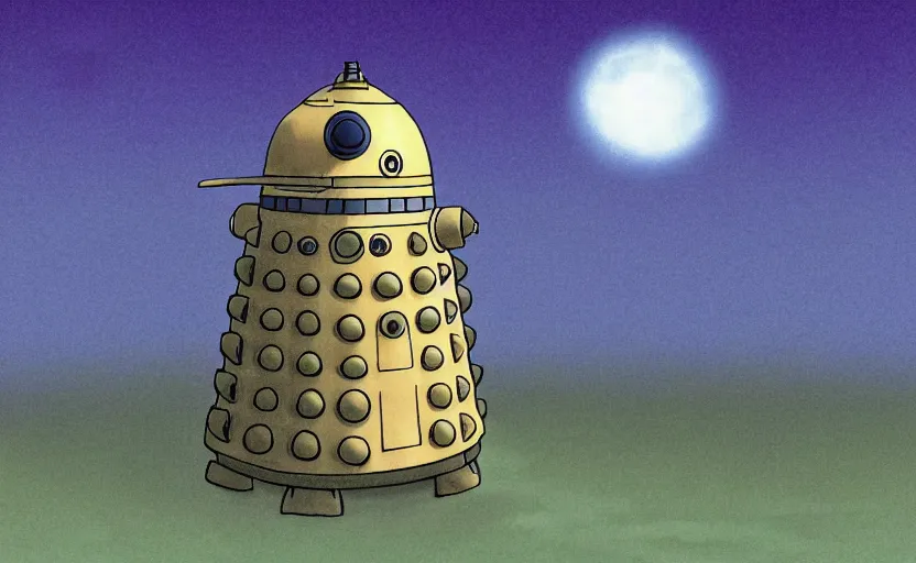 Image similar to a cell - shaded studio ghibli concept art study of a dalek on a misty starry night. very dull colors, hd, 4 k, hq