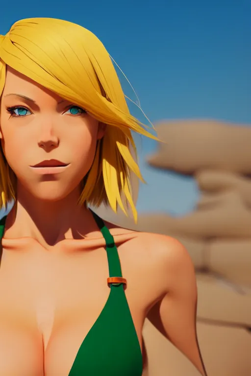 Image similar to beautiful blond woman in orange tribal bikini, blond hair pulled back off the face, green eyes, by makoto shinkai, 8 k, high resolution render, cinematic, unreal engine, clean lineart and flat color,