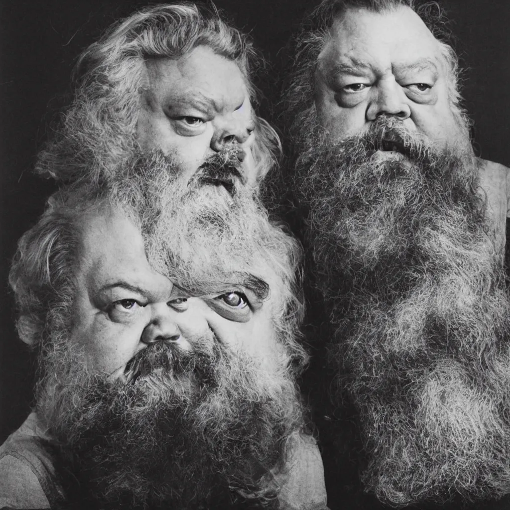 Prompt: An Alec Soth portrait photo of the moon with Orson Welles as Falstaff's face on it, the moon is wearing several horse-hair wigs, his face is on the moon