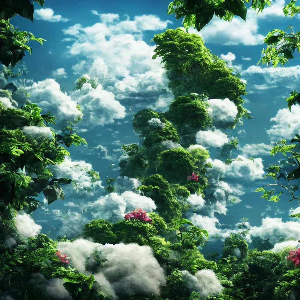 Prompt: city in the sky, flying island, white fluffy cloud, monocular, volumetric light, leaves foliage and stems, hibiscus flowers, alexander mcqueen, rim light, studio ghibli 8 k