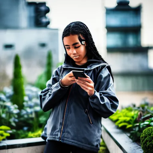 Image similar to candid photographic portrait of a poor techwear mixed young woman using a phone inside a dystopian city, closeup, beautiful garden terraces in the background, sigma 85mm f/1.4, 4k, depth of field, high resolution, 4k, 8k, hd, full color