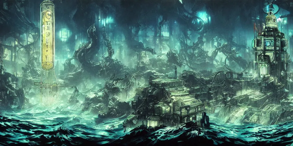 Image similar to concept art of a underwater city, bioshock style, rapture, dark atmosphere, hanafuda oil on canvas by ivan shishkin, james jean and yoji shinkawa