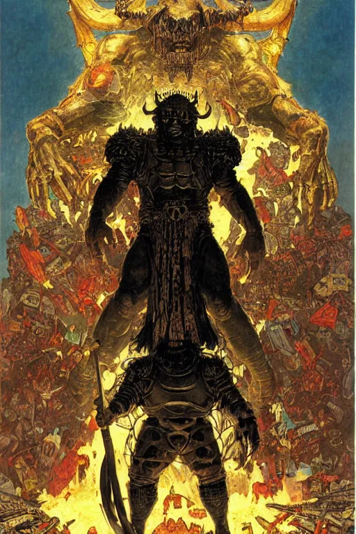 Prompt: full body portrait of mark henry as huge demonic armoured radioactive demon king, simple background, painted by jack kirby, lawrence alma tadema, norman rockwell, greg staples, wayne barlow, jacob collins, tom lovell, frank schoonover, neville page