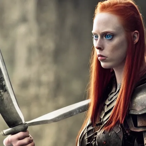 Image similar to deborah ann woll as a barbarian warrior in a dystopian future battleground