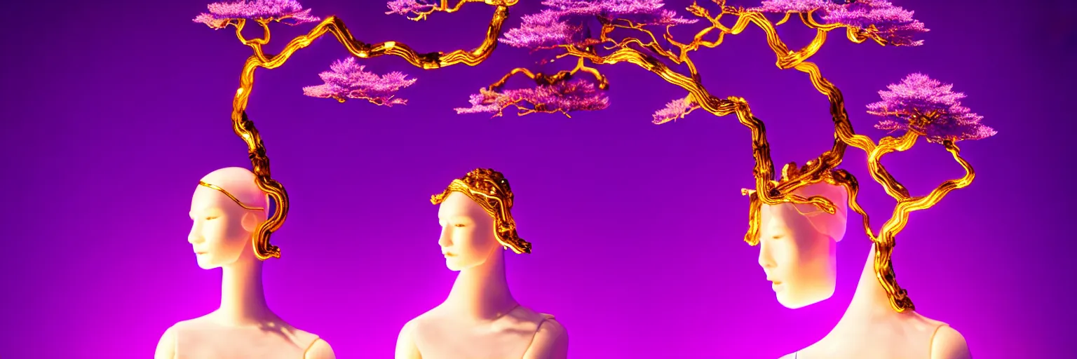 Image similar to beautiful mannequin sculpted out of amethyst by billelis + lit with geometric neon dripping gold + kintsugi, facing a doorway opening with neon pink geometric fractal light + flowering bonsai trees + lighting in background!!, transcendent, clean linework, dramatic, finely detailed, award winning, 4 k, trending on artstation, photorealistic, volumetric lighting, octane render