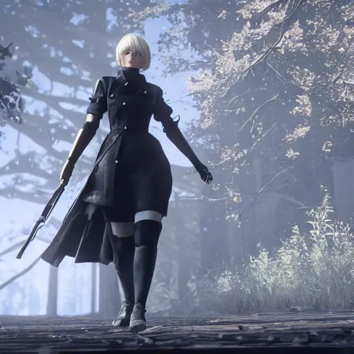 Image similar to Film still of 2B Nier Automata, from Red Dead Redemption 2 (2018 video game)