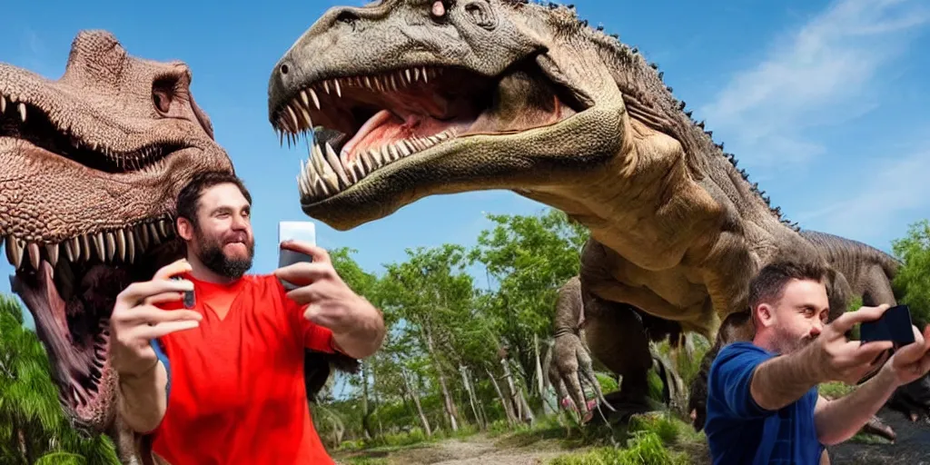 Image similar to a man taking a selfie beside a tyrannosaurus rex, award-winning photography, 8K UHD