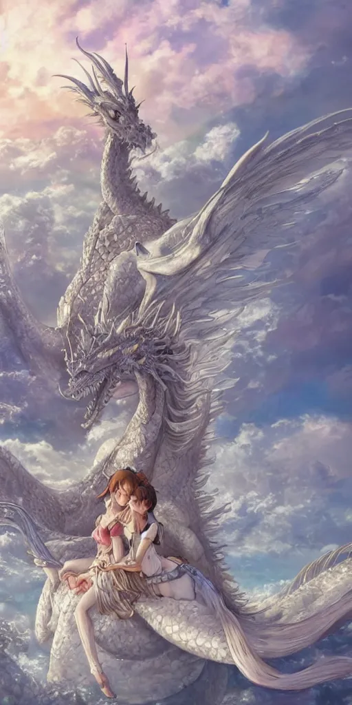 Prompt: the beautiful hyper detailed scene render that a beautiful princess sitting on the back of a huge silver white dragon alone in fairyland surrounded by white clouds, finely detailed angelic face delicate features, style of studio ghibli, makoto shinkai, raphael lacoste, louis comfort tiffany, artgerm, james jean, ross tran, animation style, hd, ultra wide angle