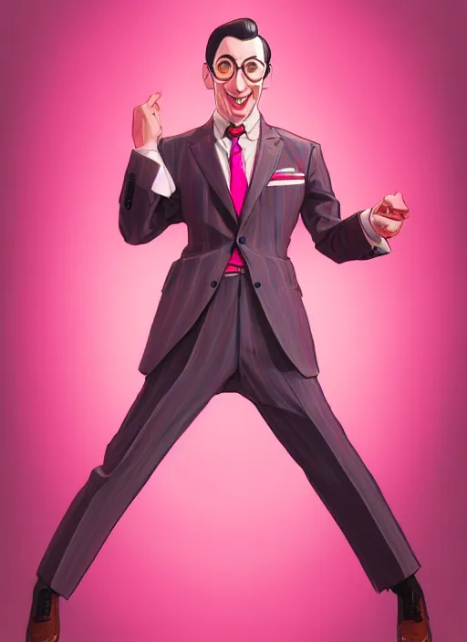 Image similar to pee wee herman, wide angle view, red and pink color scheme, highly detailed, artgerm, cushart krenz, king of fighters style, trending on artstation, soft light, sharp focus, illustration, character design, concept art