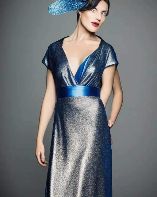 Image similar to an expensive portrait of a poised woman in metallic starry blue long structured robes, high collar, large fascinator, muted background