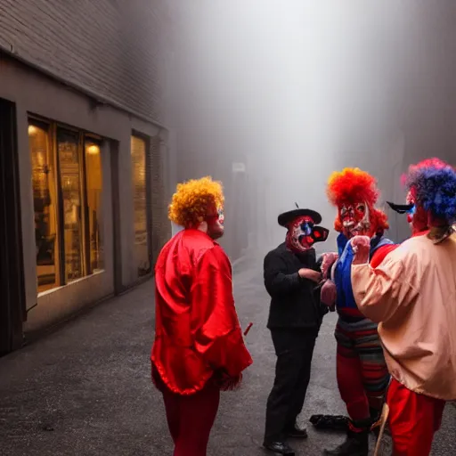 Image similar to a group of men dressed as clowns putting on makeup in a dark foggy alley