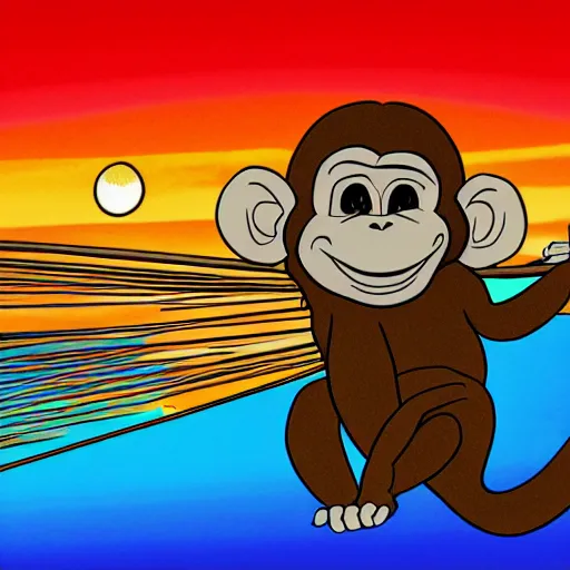 Prompt: a monkey laying a hammock smoking a joint, sunset, cartoon style,