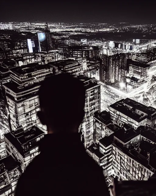 Image similar to a night rooftop scene by Liam Wong, close up shot of a photorealistic gangster wearing a trench coat looking at the city below, dark mood