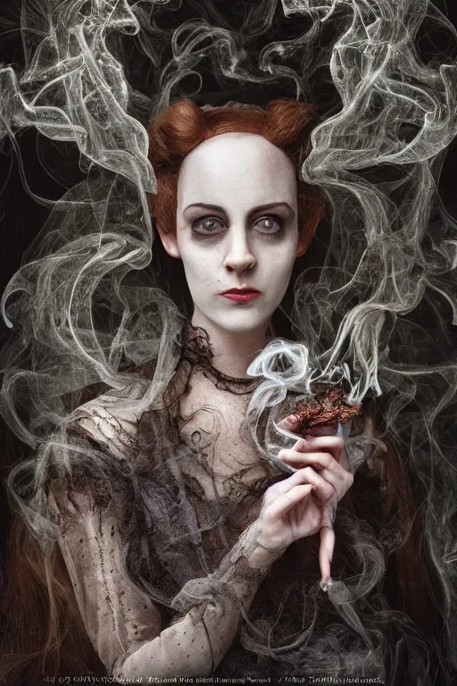 Image similar to 3 5 mm colour, italian looking emma, evil princess, victorian house, long brown hair, hyperrealism, octane render, weird, odd, strange, creepy, freakshow, extremely detailed, subtle intricate smoke magic, lace, silk, style of david cronenberg, hyung tae, frank frazetta