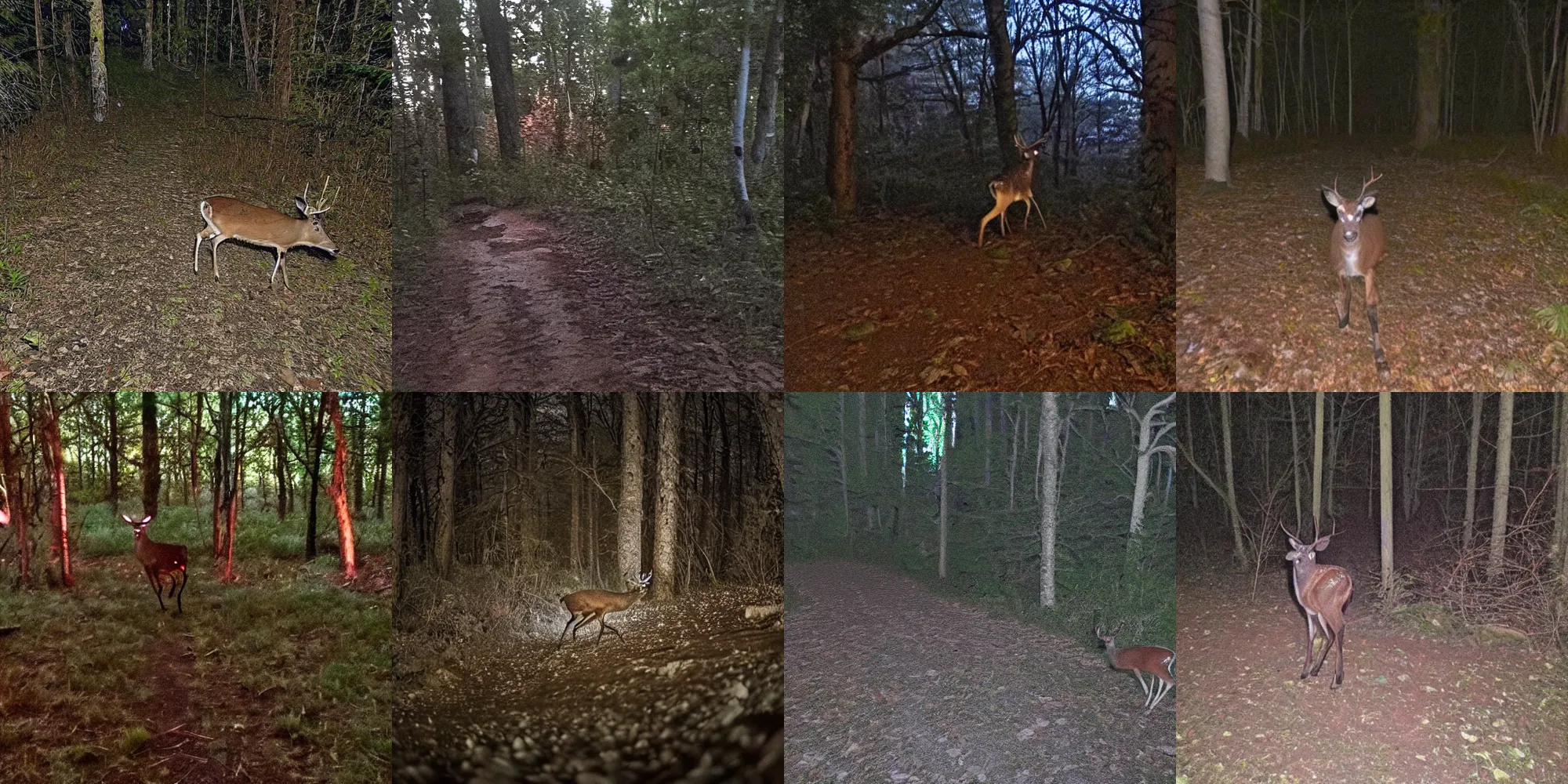 Prompt: trail camera photo of a moving deer at night in the forest. obscurity. darkness!!!. flash light. red eyes. motion blur. dim.