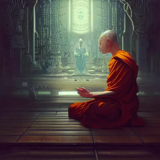 Image similar to ultra realistic illustration, buddhist monk meditating, cyberpunk, sci-fi, fantasy, intricate, elegant, highly detailed, digital painting, trending on artstation, sharp focus, illustration art in the style of artgerm, by greg rutkowski, by albrecht durer W 1024