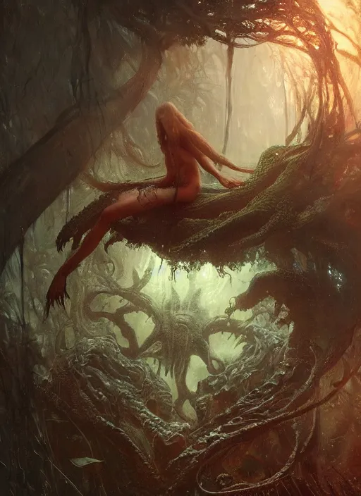 Prompt: my bed is a forest with a giant cthulhu eyes horror by gaston bussiere, anna nikonova aka newmilky, greg rutkowski, yoji shinkawa, yoshitaka amano, moebius, donato giancola, geoffroy thoorens, trending on artstation, featured on pixiv, cinematic composition