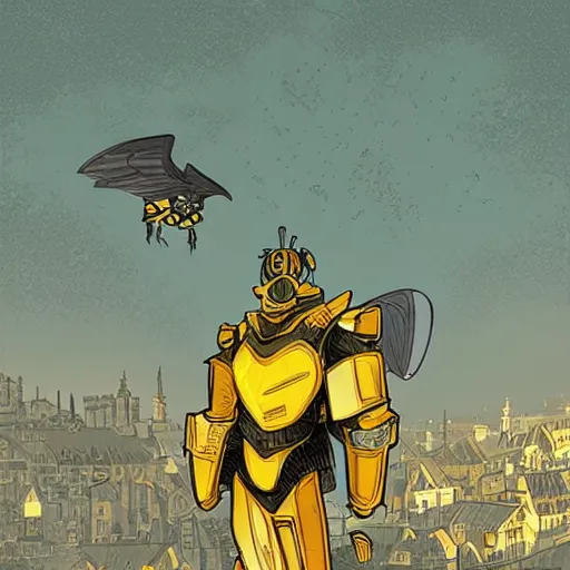 Image similar to bumblebee standing in a medieval town by kilian eng