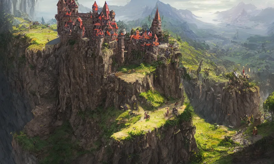 Prompt: medieval castle on a steep cliff, digital art, concept art, magic fantasy, scenic, vibrant colors, high contrast, highly detailed, trending on artstation, 8k, andreas rocha, sylvain sarrailh, darek zabrocki, bastien grivet, finnian macmanus, dylan cole, liang mark, albert bierstadt, sung choi, peter mohrbacher, greg rutkowski, thomas kinkade, dan mumford, studio ghibli