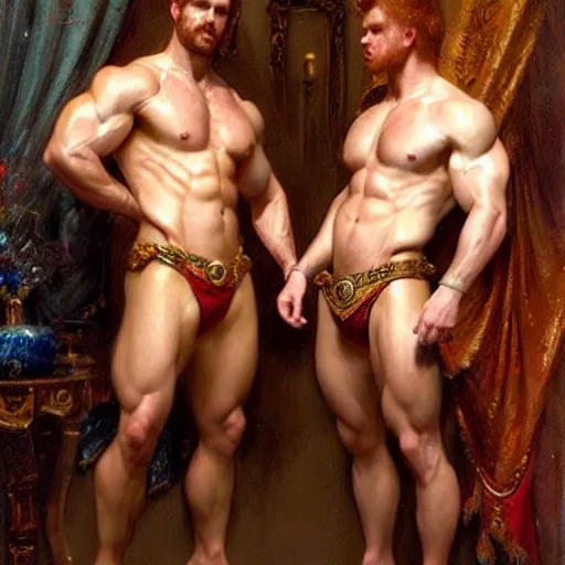 Image similar to attractive muscular mike with ginger hair with muscular attractive tyler with brunet hair, drinking their hearts out, in their noble mansion. very defined and highly detailed painting by gaston bussiere, craig mullins, j. c. leyendecker 8 k