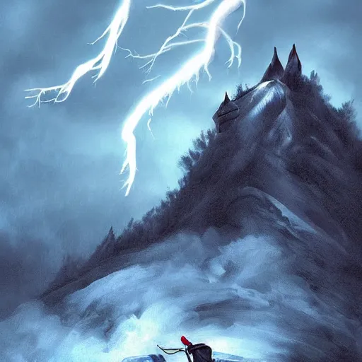 Prompt: dracula skiing down a mountain a night in a thunderstorm, digital art, highly detailed, epic composition, cinematic lightning