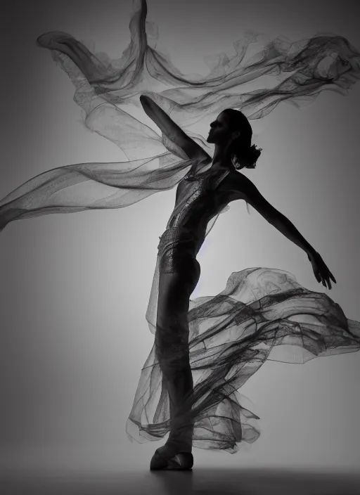 Image similar to a Photorealistic dramatic hyperrealistic render of a glamorous beautiful Female smoke dancer by Ken Brower and Deborah Ory of NYC Dance project,Lois Greenfield,Flowing cloth and smoke,Beautiful dynamic dramatic dark moody lighting,volumetric,shadows,cinematic atmosphere,Octane render,8K