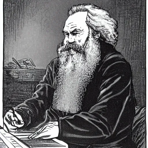 Image similar to Karl Marx pondering his orb