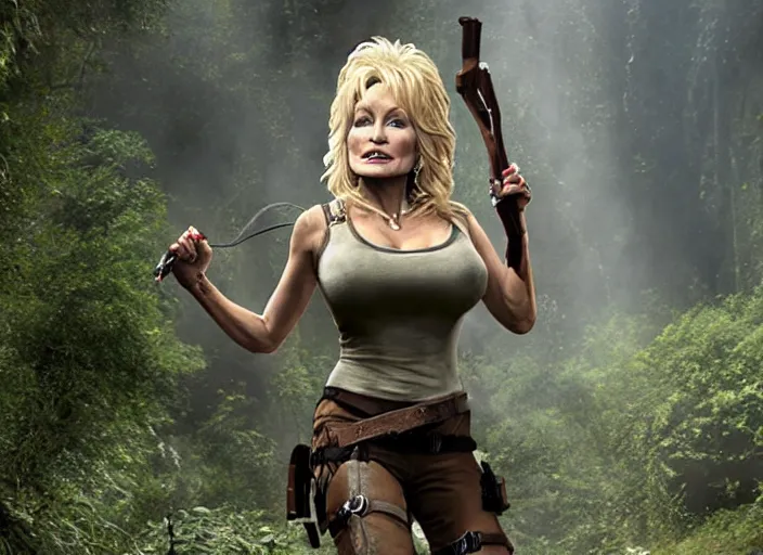 Image similar to film still of!!!! dolly parton!!! as lara croft in new tomb raider movie, 8 k