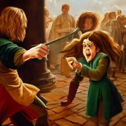 Image similar to hermione granger slapping asterix, oil painting, renaissance 4 k masterpiece