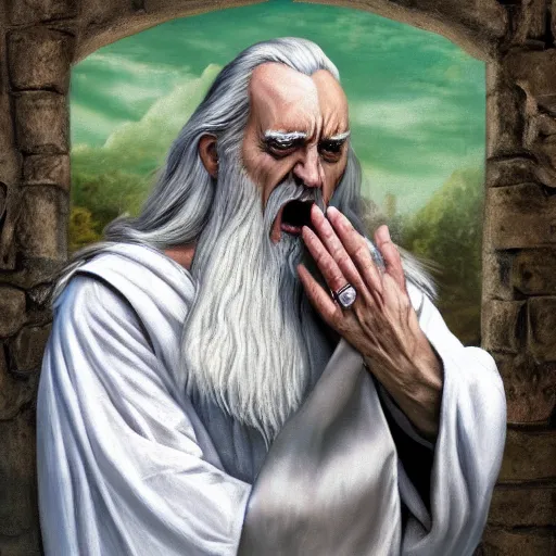 Prompt: Saruman yelling about the lack of toilet paper | fantasy painting