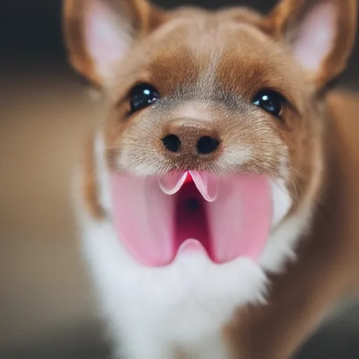 Prompt: light brown teacup tongue on nose, licking its nose