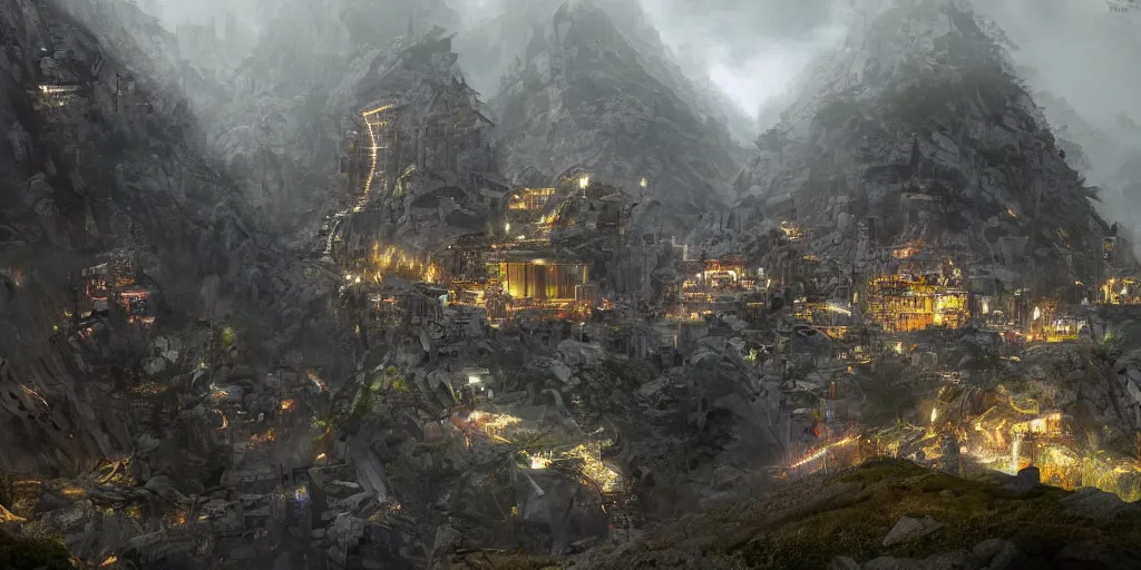 Prompt: an underground fantasy city on steep mountains, 8 k