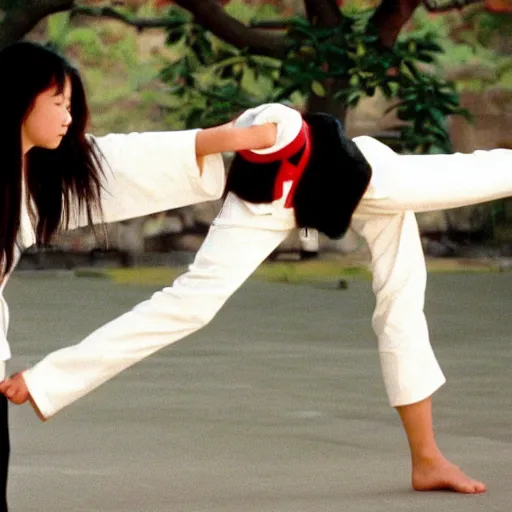 Image similar to a 1 9 9 8 movie still, from a shallow master training a girl karate at a temple in china, 4 k resolution, 8 k resolution, 1 9 9 8 karate movie still