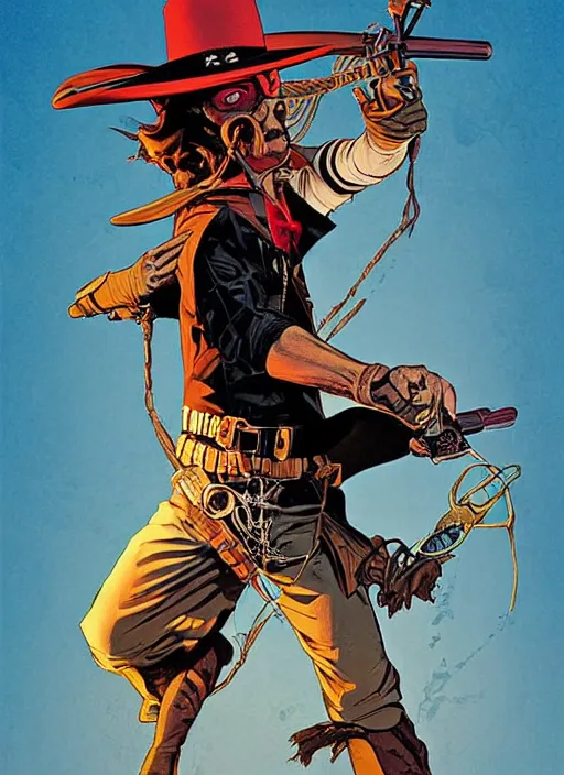 Image similar to poster artwork by Michael Whelan and Tomer Hanuka, Karol Bak of Tim Robinson dressed up as the Lone Ranger, he has time traveled from the wild west ot the 1990s, from scene from Walker Texas Ranger, clean, simple illustration, nostalgic, domestic, full of details