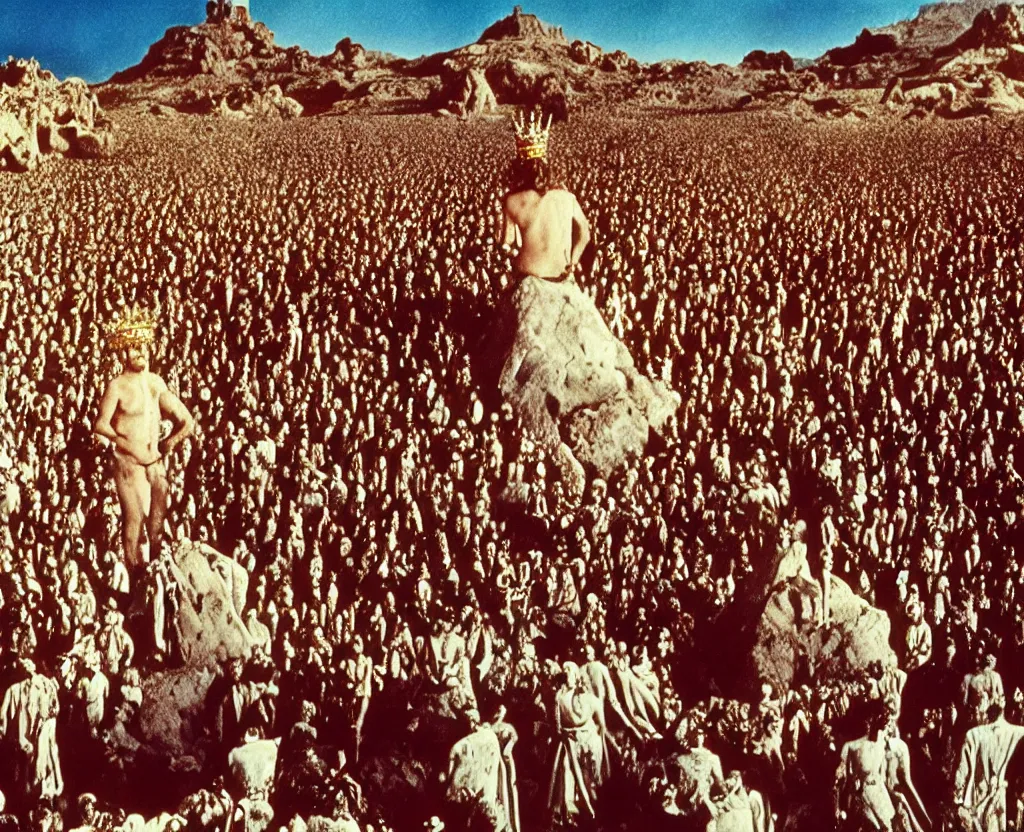 Image similar to salvador dali wearing a crown and jewels in front of a huge crowd in a dry rocky desert landscape, film still from the movie by alejandro jodorowsky with cinematogrophy of christopher doyle and art direction by hans giger, anamorphic lens, kodakchrome, very detailed photo, 8 k