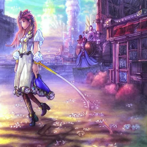 Image similar to a dreamy colorful drawing of aerith gainsborough from from final fantasy 7 with the steam punk city midgard as backdrop by master artist yoshitaka amano