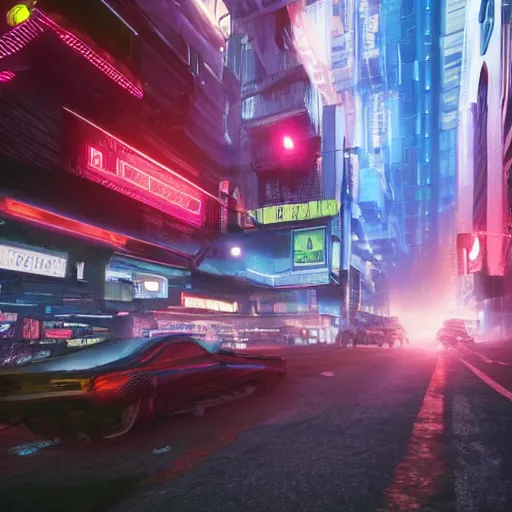 Prompt: a 3 d rendered in unreal engine guatemalan cyberpunk city with neon ads and signs with evocative dramatic mood with blade runner vibe with cars with motion blur with depth of field with bloom with lightshaft with volumetric lights, fog, by scott robertson, oscar winning graphics, photo realistic, bloom, imax, dynamic lighting, artstation, 3 d video game