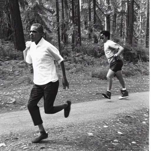 Prompt: Found footage of Obama chasing a hiker, 1986