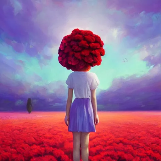 Image similar to head made of carnations flower, girl standing in a vast flower field, surreal photography, sunrise dramatic light, impressionist painting, colorful clouds, large sky, digital painting, artstation, simon stalenhag, flower face